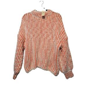 POL NEW Funnel Neck Ribbed Striped Sweater Womens LG Orange‎ Cream Balloon Boho